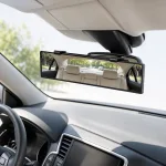 Espejo retrovisor ancho dentro de un coche, que refleja los asientos traseros y la luneta.