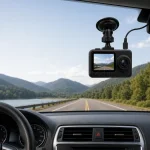 Dash camera shown on a windshield mount above a dashboard with a mountain road beyond