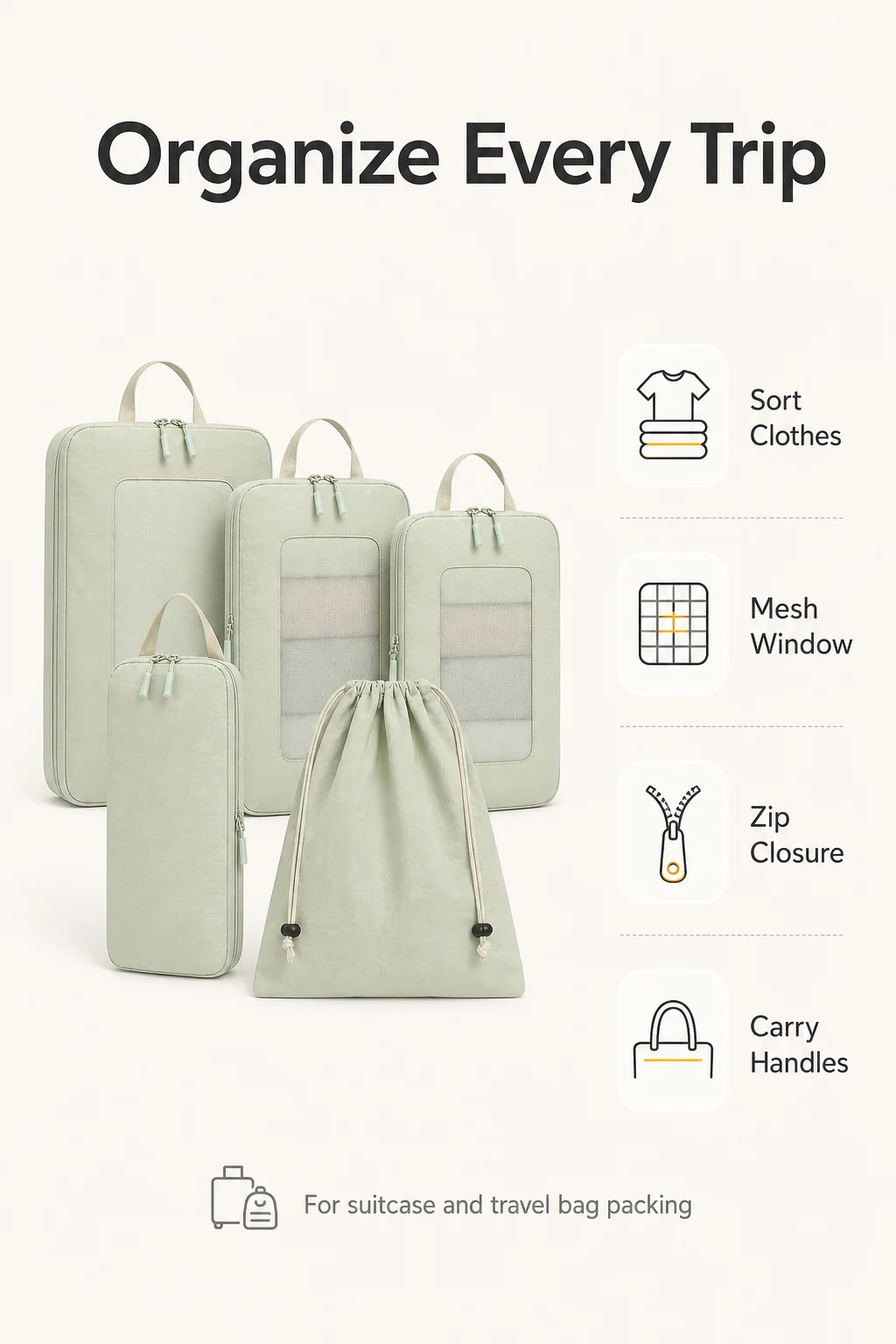 Organize Every Trip infographic for compression packing cubes
