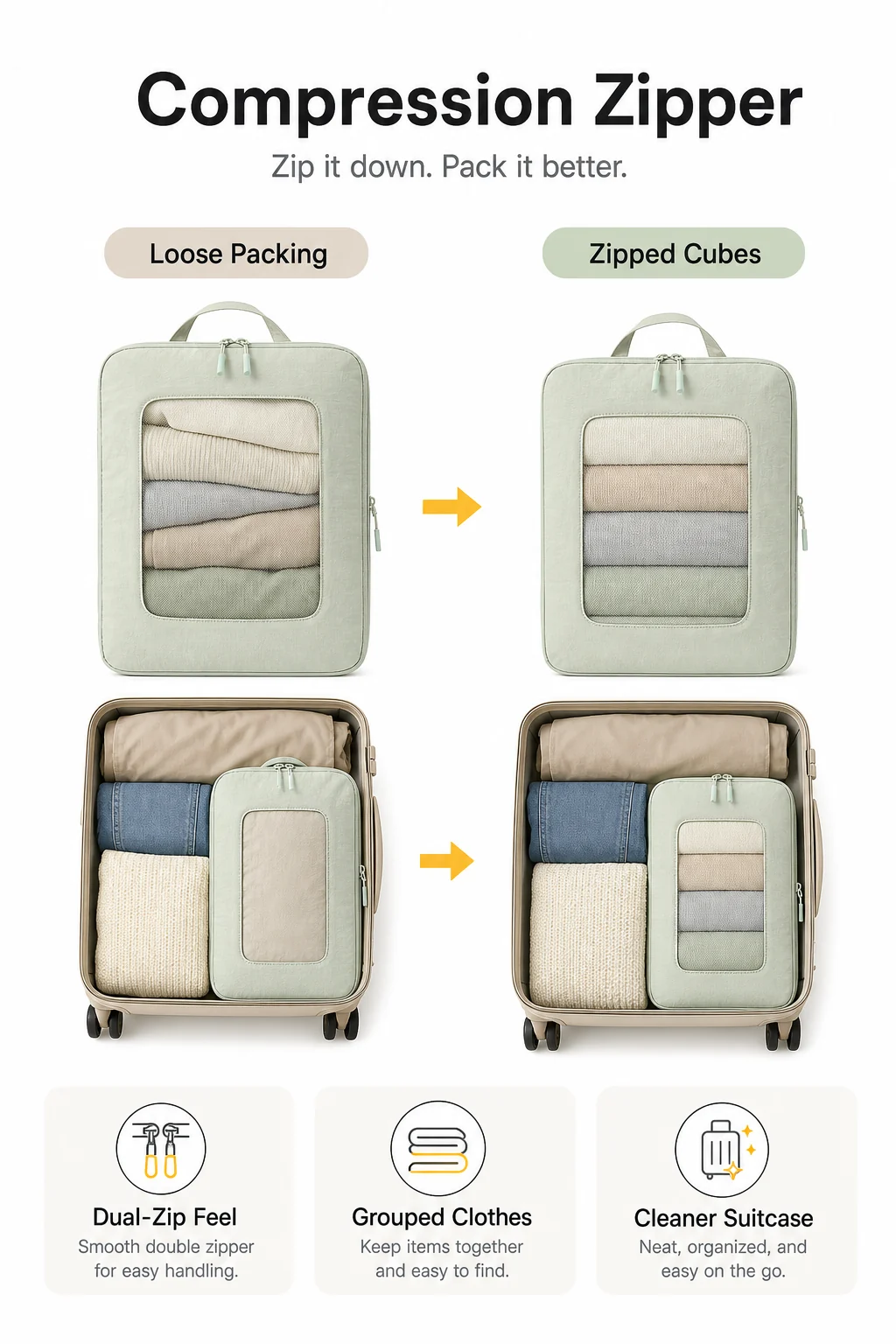 Compression Zipper infographic for travel packing cubes