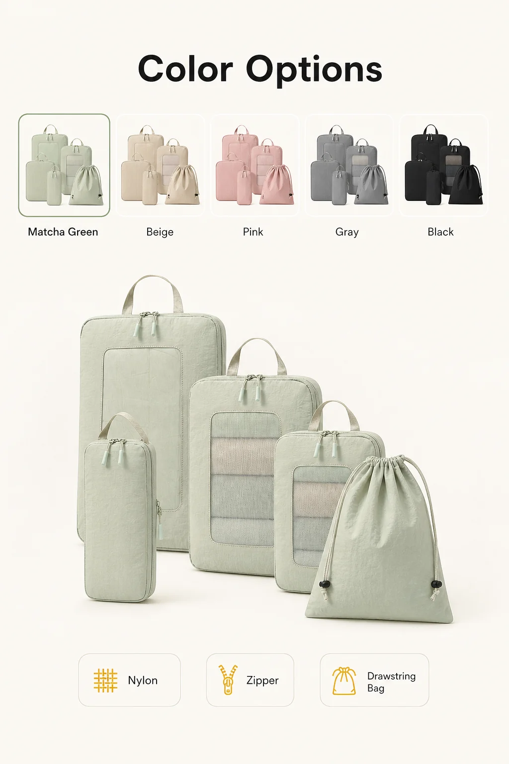Color Options infographic for compression packing cubes set