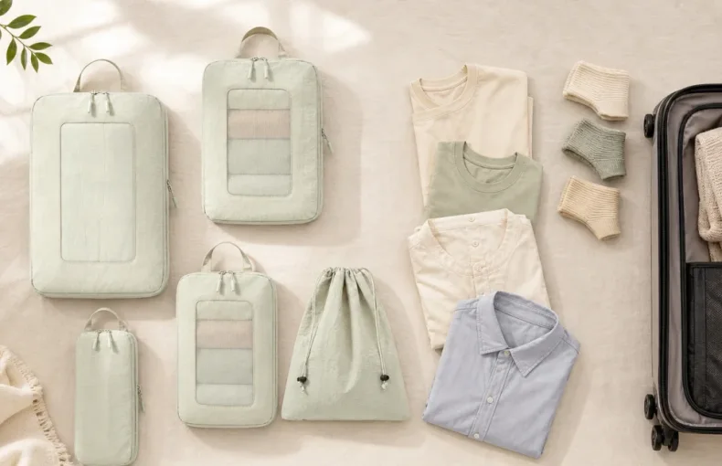 Compression Packing Cubes Set with Drawstring Bag: Suitcase Space and Laundry Packing Guide