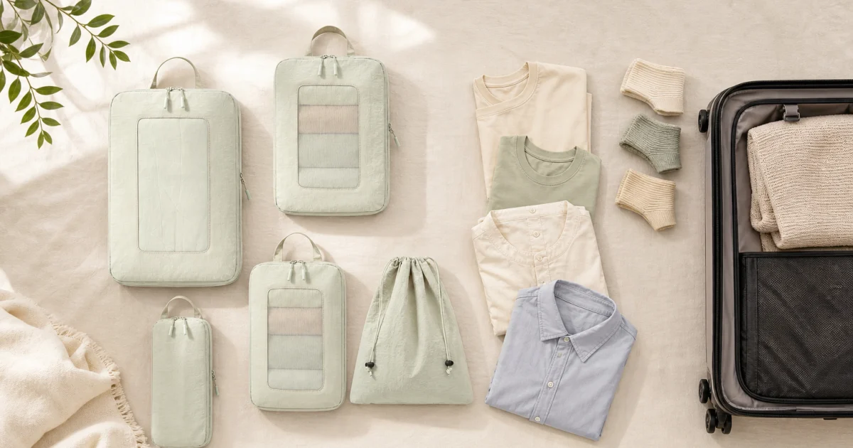 Pale green compression packing cubes with mesh windows beside folded clothes and suitcase