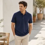 Hombre con polo azul marino y pantalones beige claro en un patio exterior