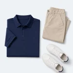 Polo azul marino doblado junto a pantalones beige y zapatillas blancas
