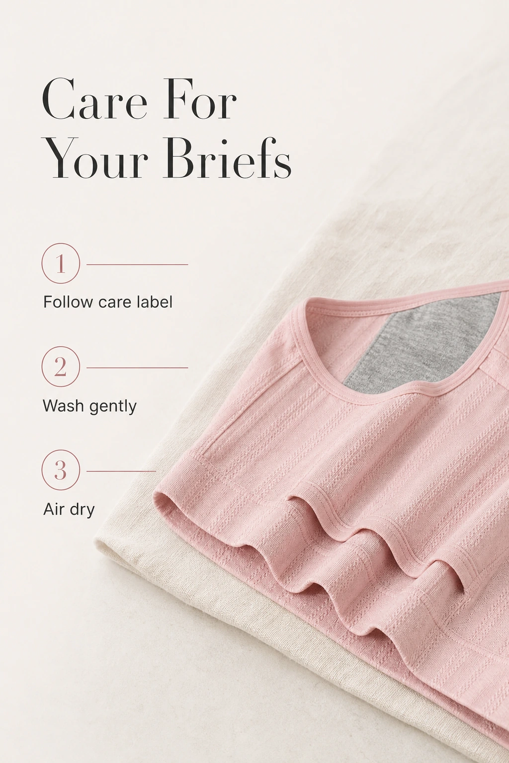 Folded pink brief beside care-label, gentle-washing and air-drying guidance