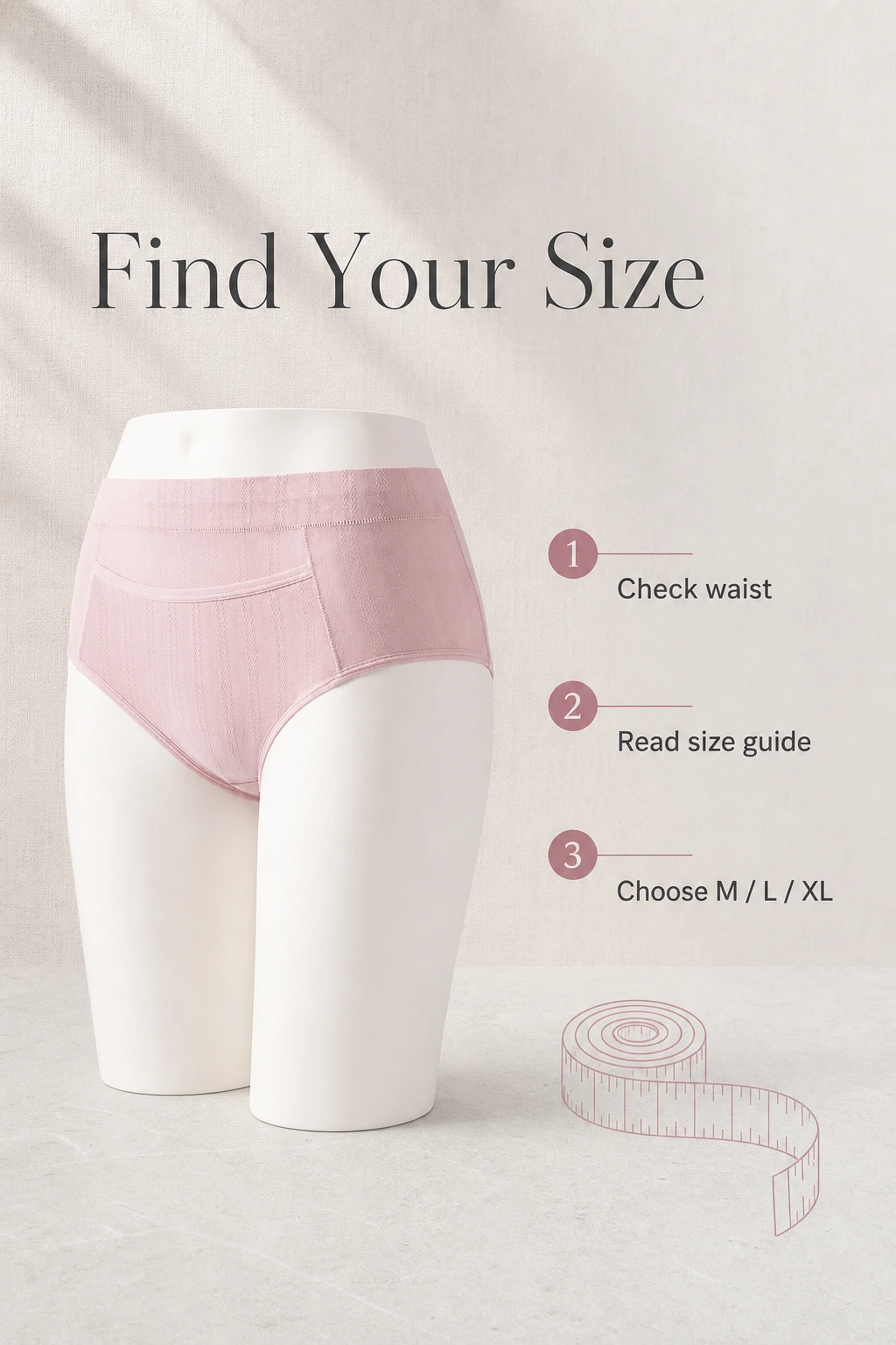 Pink brief on a white display mannequin beside three steps for choosing M, L or XL