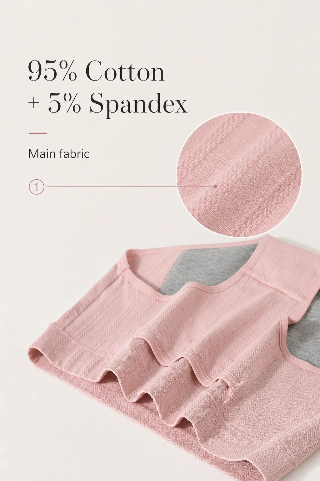 Pink main-fabric close-up with a circular knit detail and 95% Cotton + 5% Spandex label