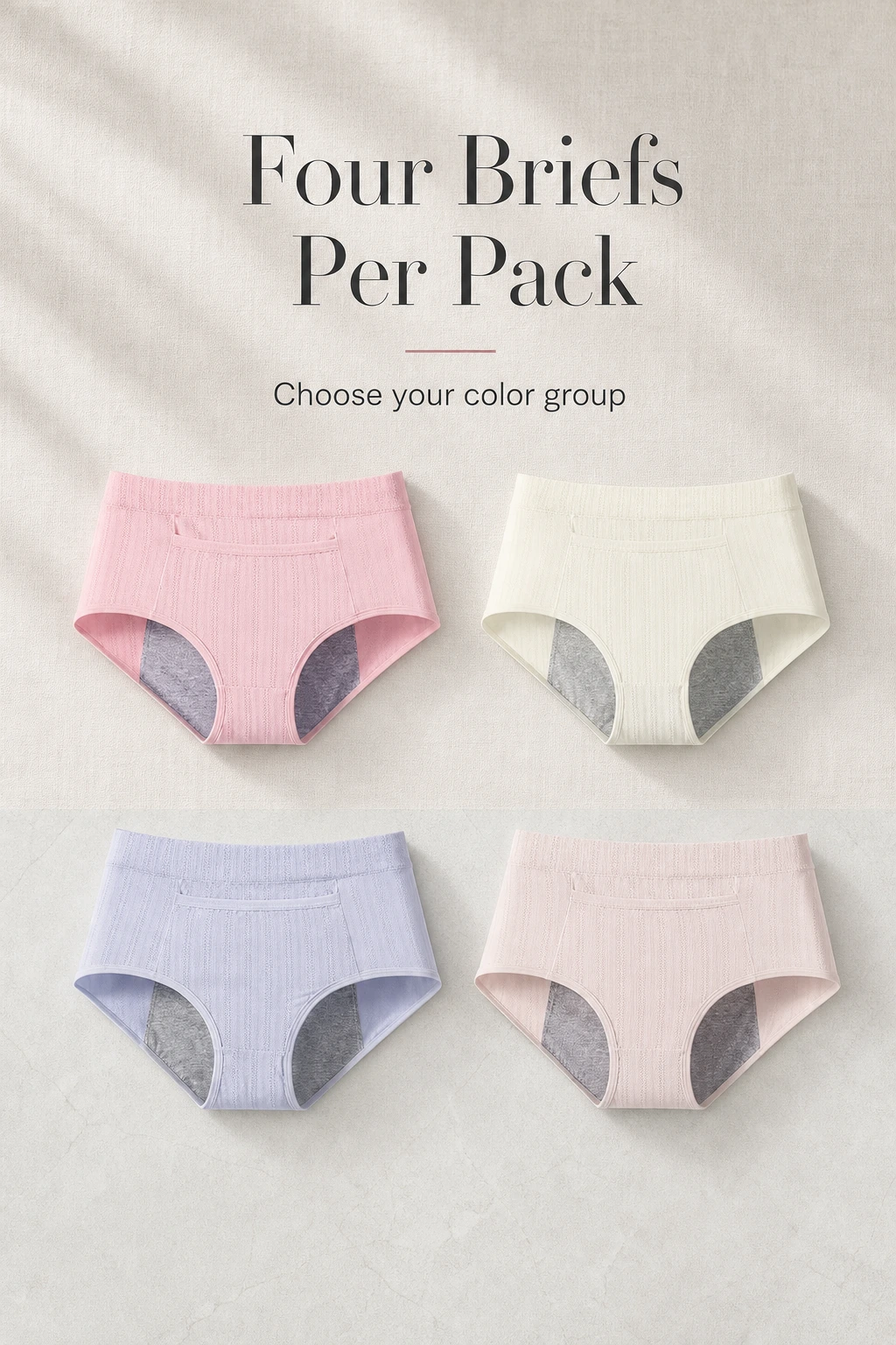 Four color-set 0226 briefs in a grid below Four Briefs Per Pack and color-group instructions
