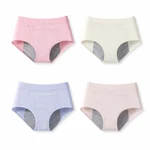 Four pastel period briefs with grey gussets arranged in two rows on a white background
