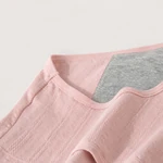 Close-up of pink brief fabric, stitched binding and gray inner panel
