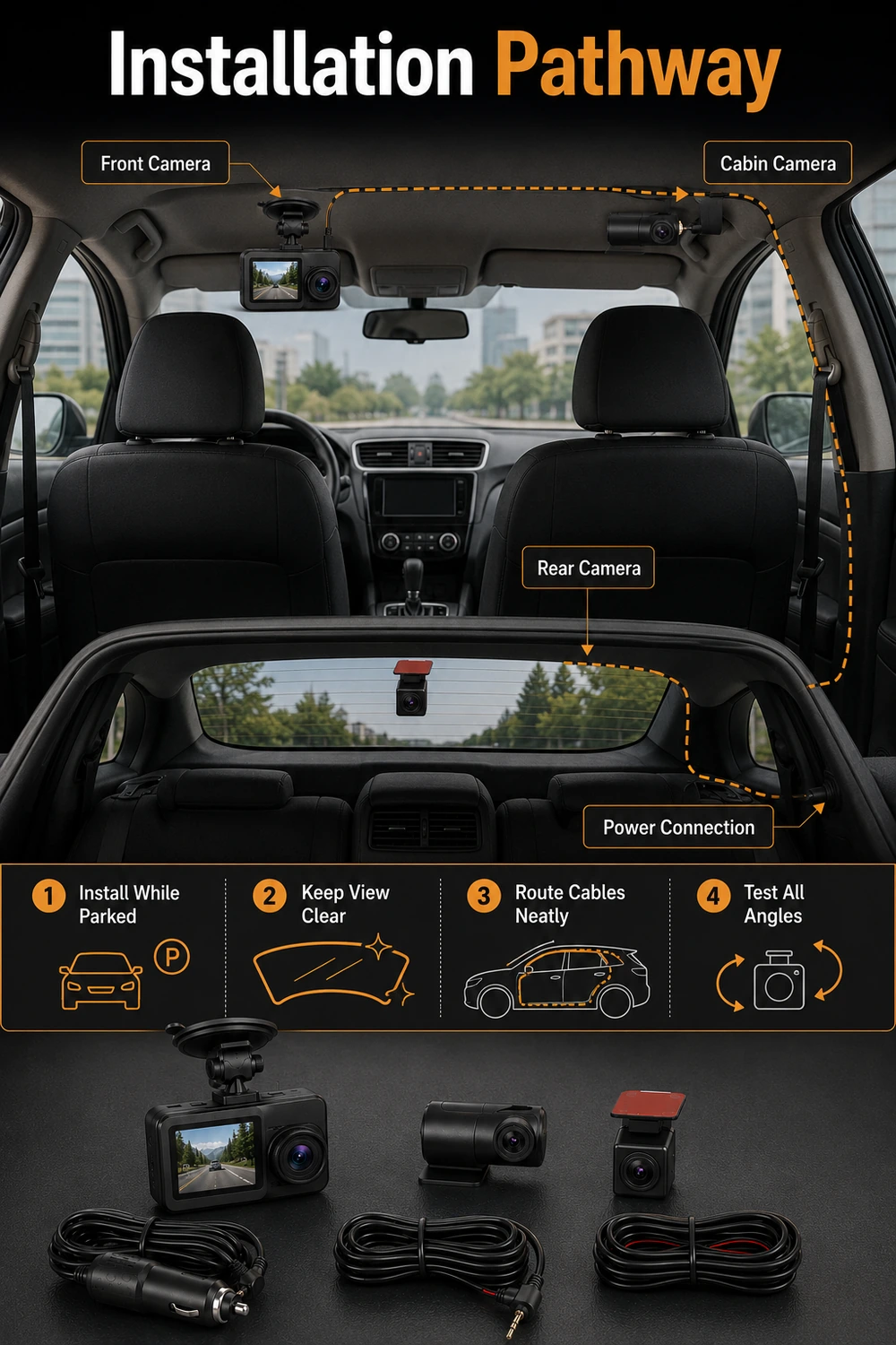 Dash camera installation pathway with cable routing reminders