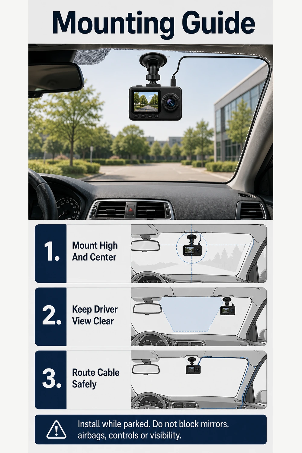 Windshield mounting guide for compact dash camera setup