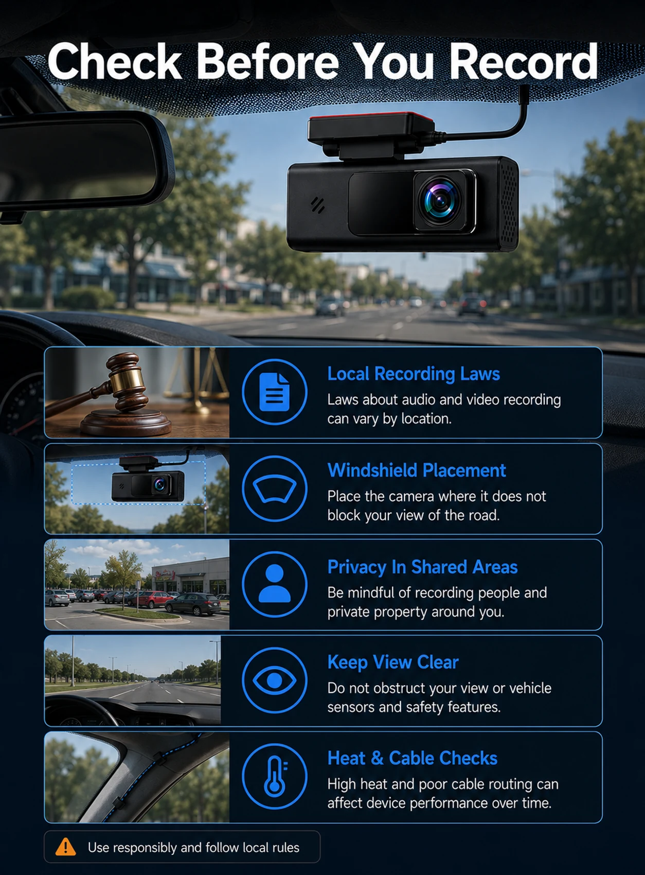 Dash camera recording law placement privacy heat and cable checks before use