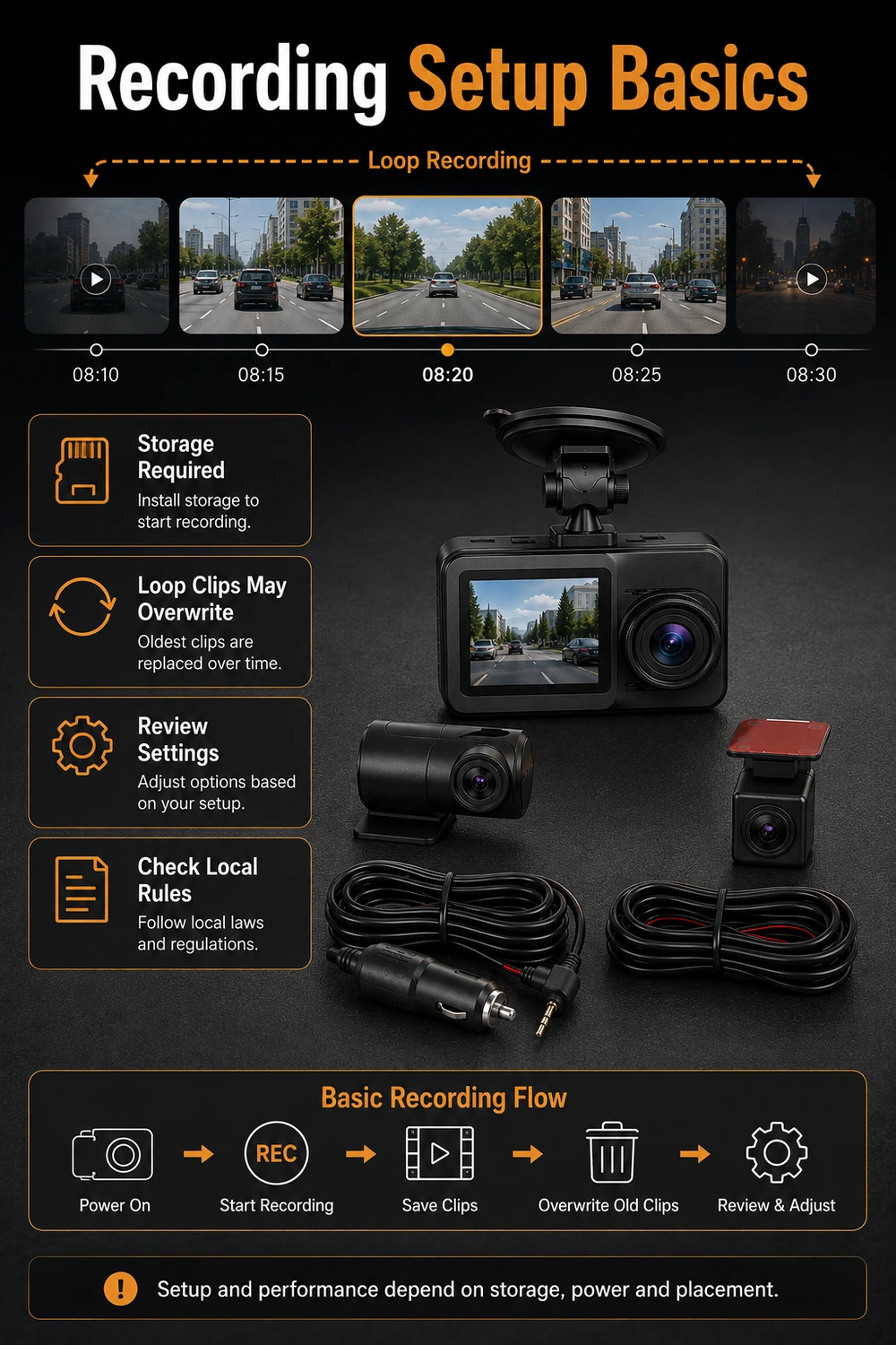 Dash camera recording setup basics with storage and loop recording limits