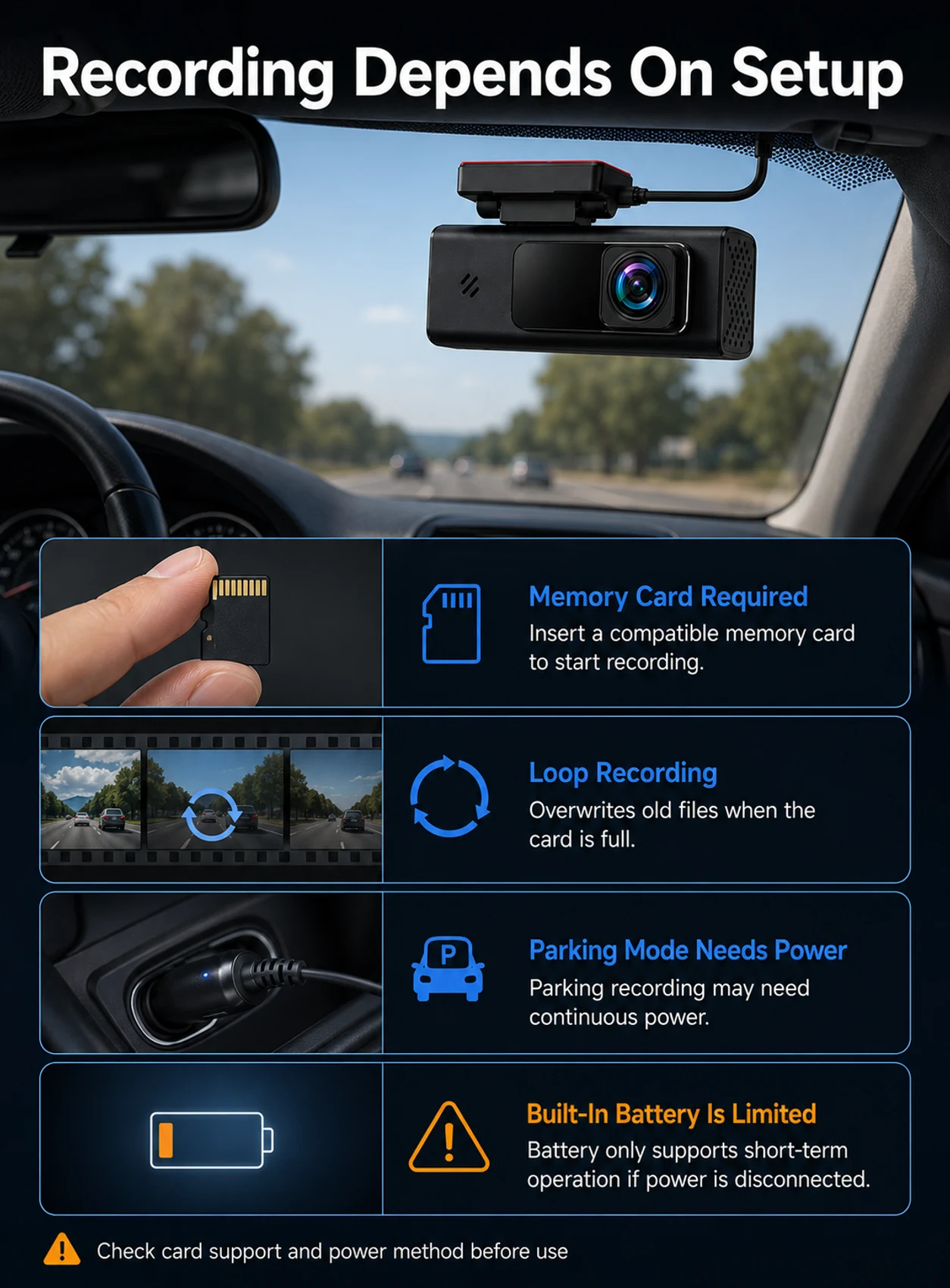 Dash camera recording setup limits for memory card loop recording parking mode and battery runtime