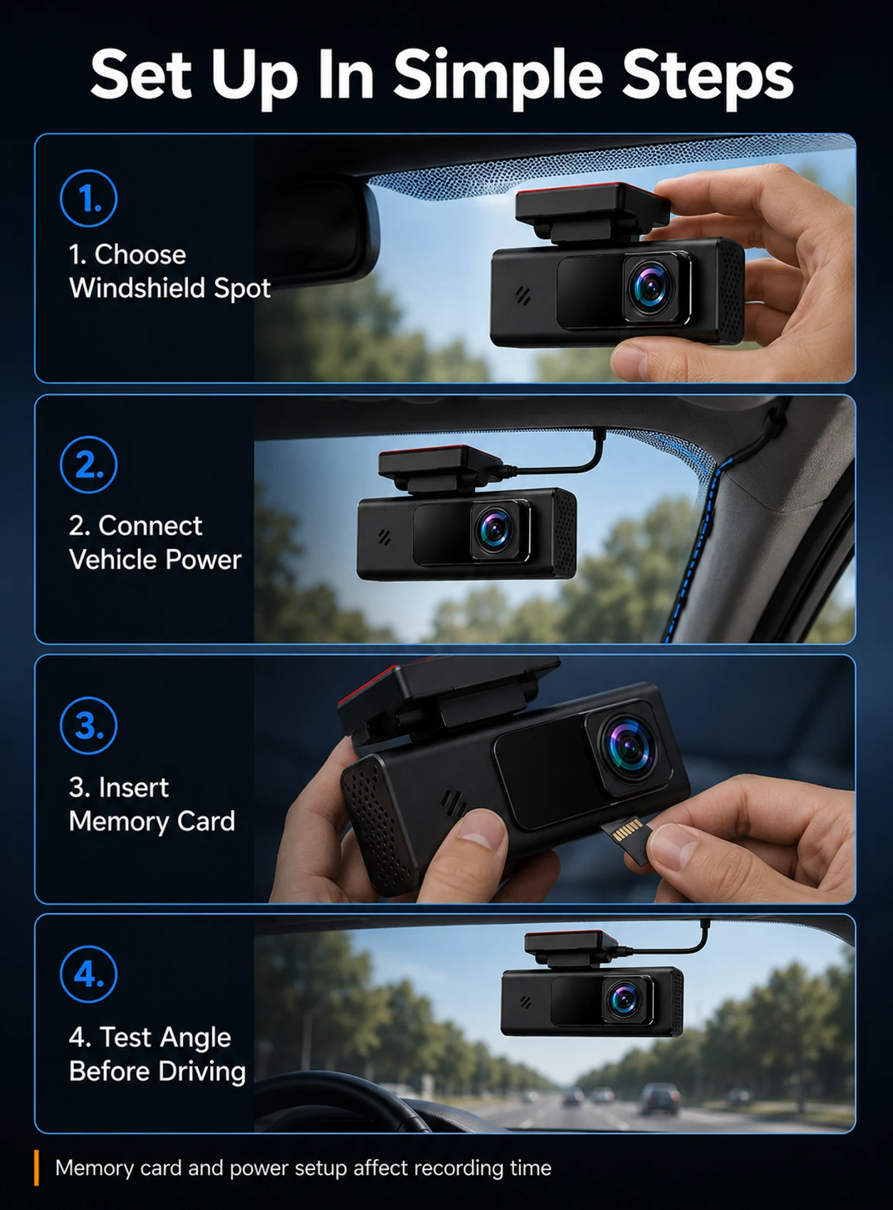 Dash camera setup steps for windshield position vehicle power memory card and angle test