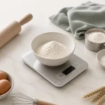 Cuenco de harina sobre una báscula de cocina plateada junto a huevos, un batidor y un rodillo.