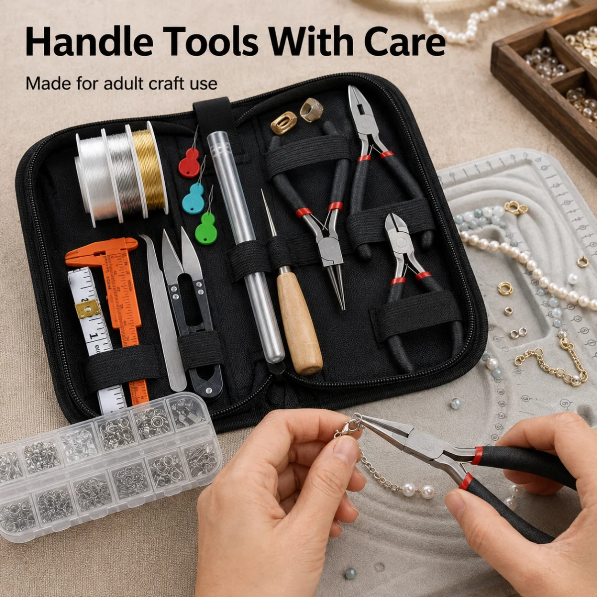 Detalhe de material e estrutura para Kit DIY para reparo de joias com estojo com zíper