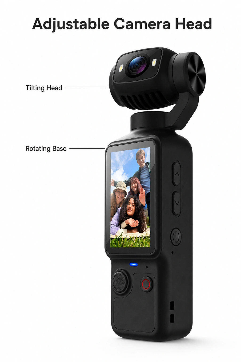 Black camera with labels pointing to the tilting head and rotating base.