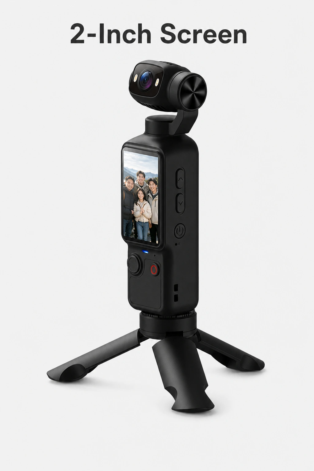 Black DJ01 camera on an open tripod with a screen, two round front controls and the heading 2-Inch Screen.