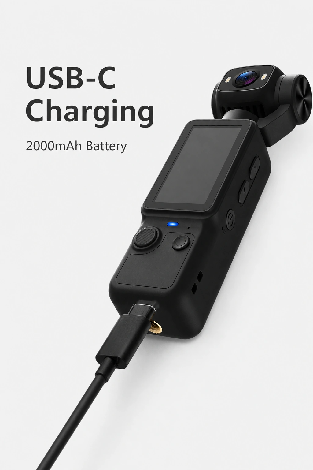 Black camera lying diagonally with a charging cable attached and USB-C Charging, 2000mAh Battery text.
