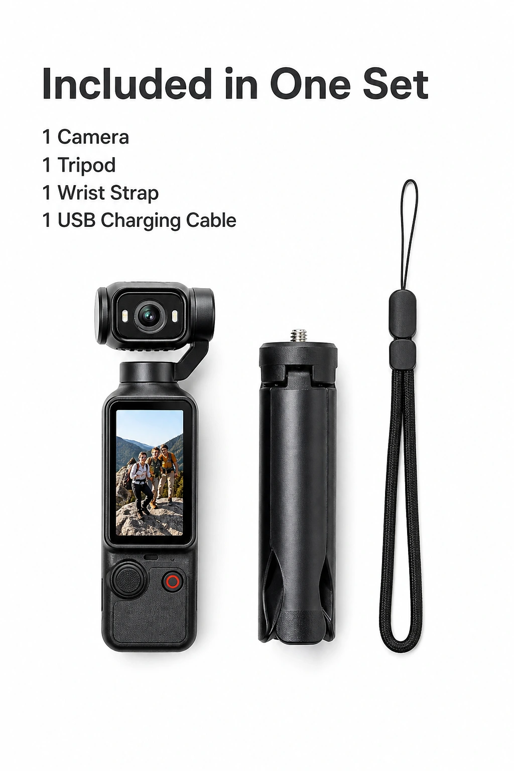 Camera, folded tripod and wrist strap beside a four-item list that also names one USB charging cable.
