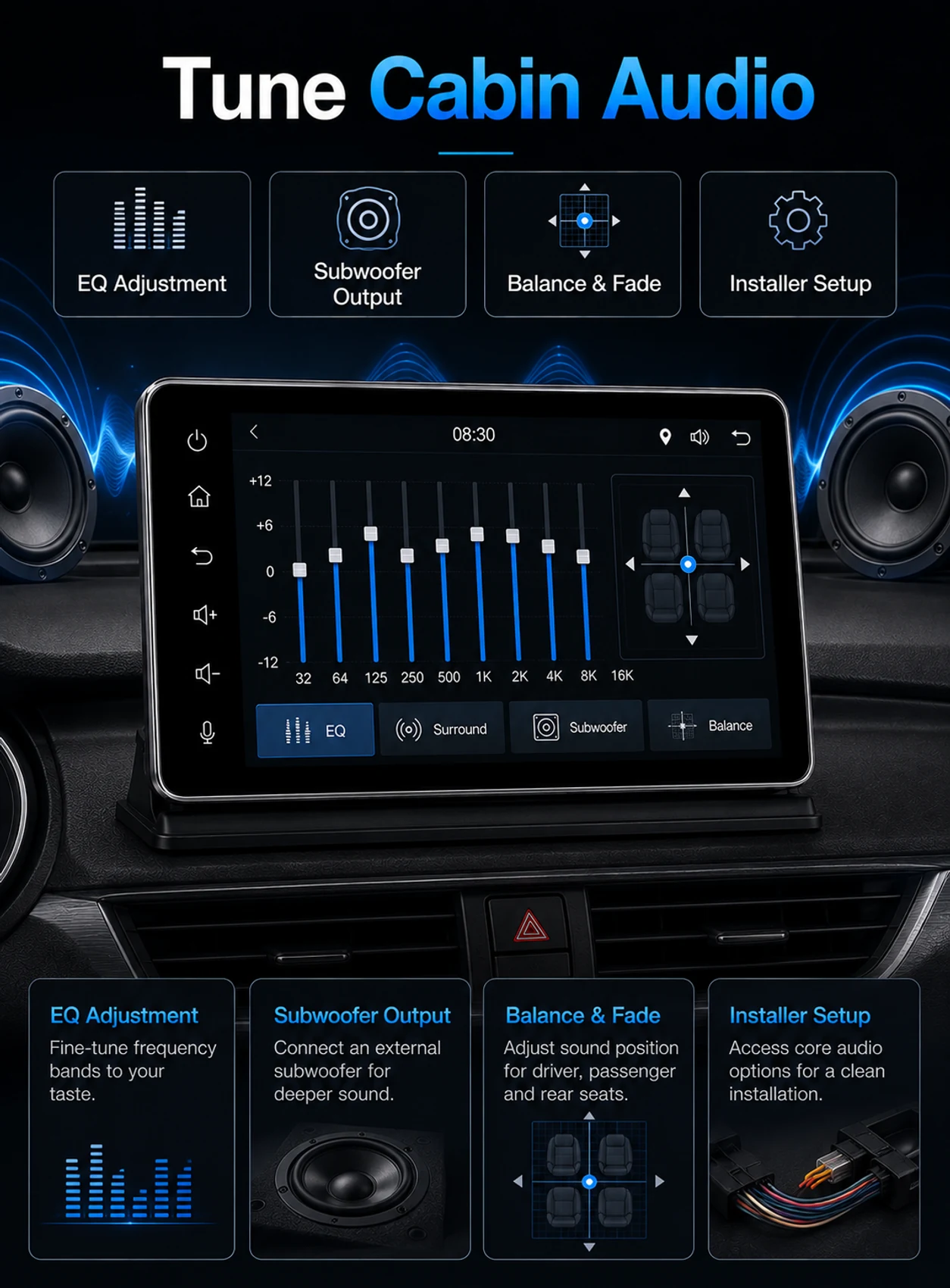 DSP audio tuning car display with EQ adjustment subwoofer output balance and installer setup