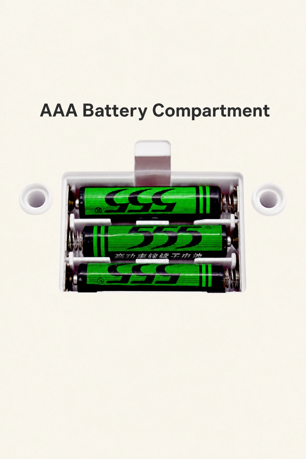 Close-up of the upper AAA compartment with three green example cells and two nearby fixing openings