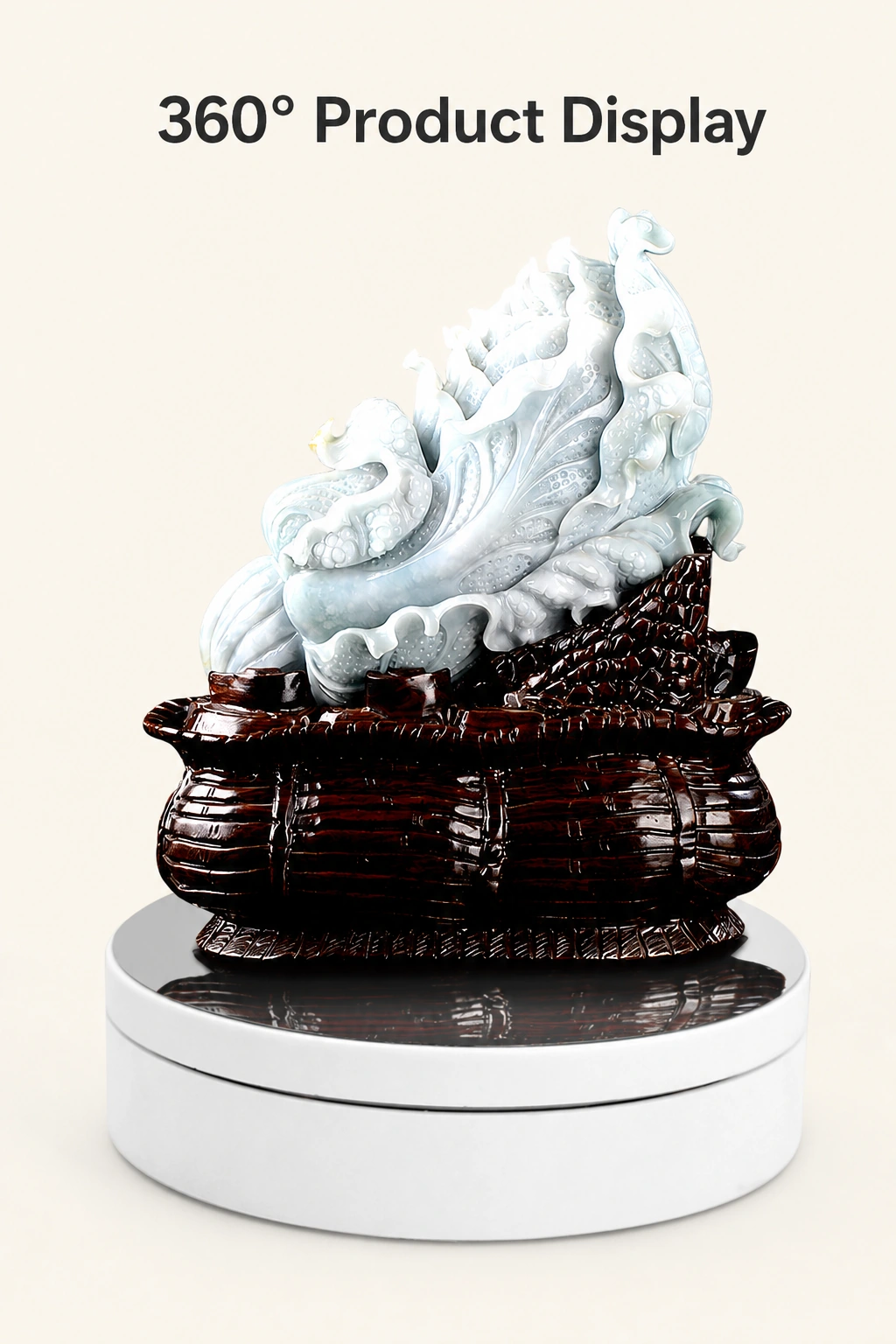 White display turntable carrying a white sculptural ornament on a brown pedestal as a display example