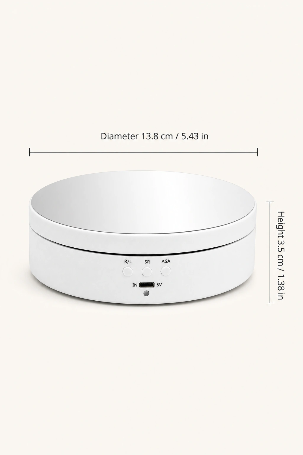 White turntable dimension diagram showing a 13.8 cm diameter and 3.5 cm height