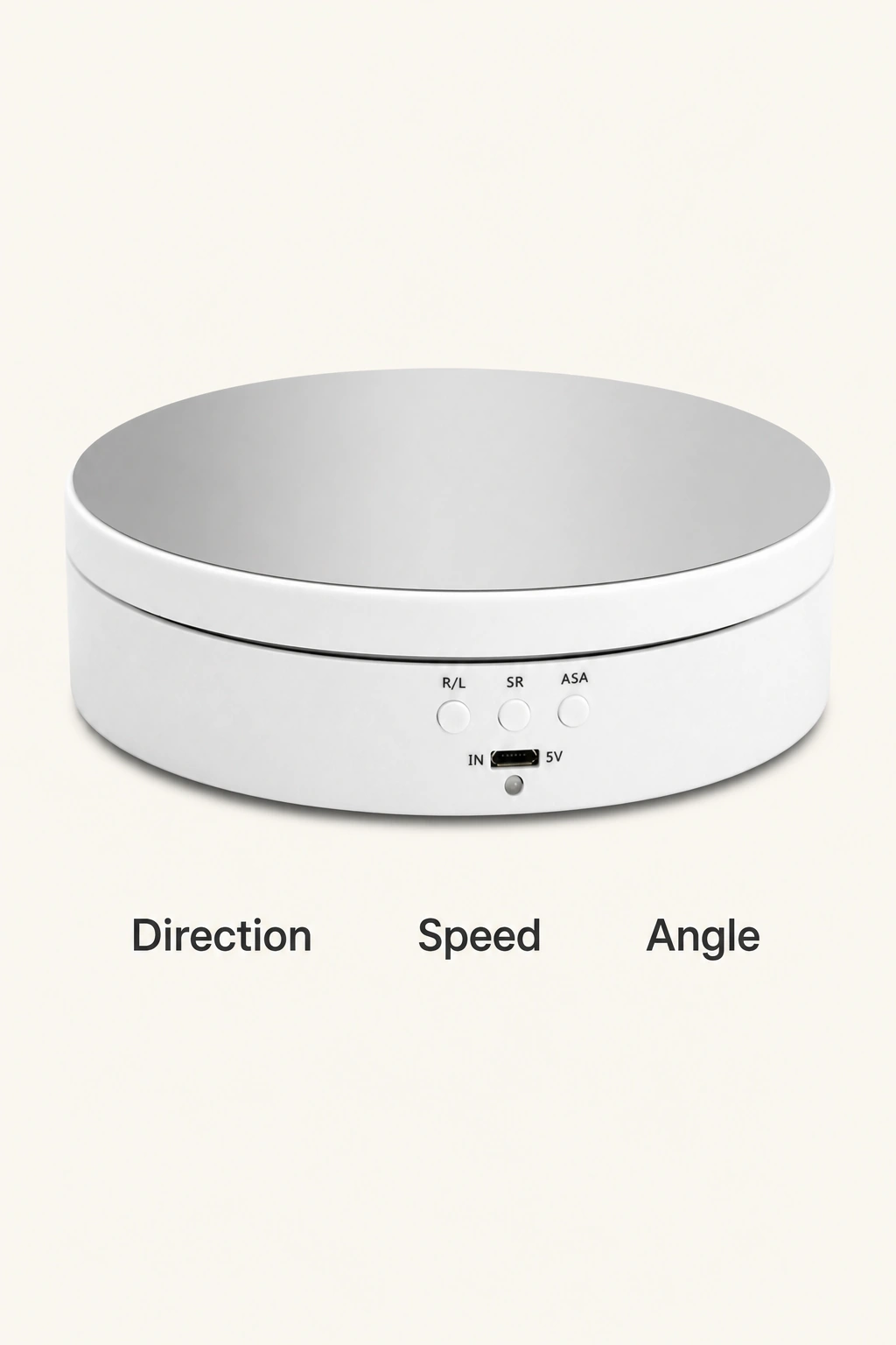 White display turntable with direction, speed and angle labels below the unit