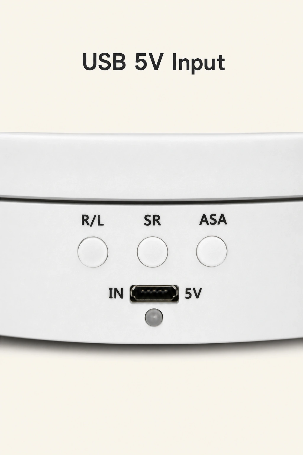 USB 5V input and power indicator on the white turntable front panel