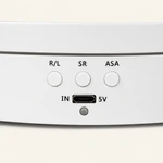 Close view of the white turntable control panel with R/L, SR and ASA buttons, USB input and indicator
