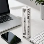 White cleaning tool holder standing on a desk beside a laptop, phone and keyboard