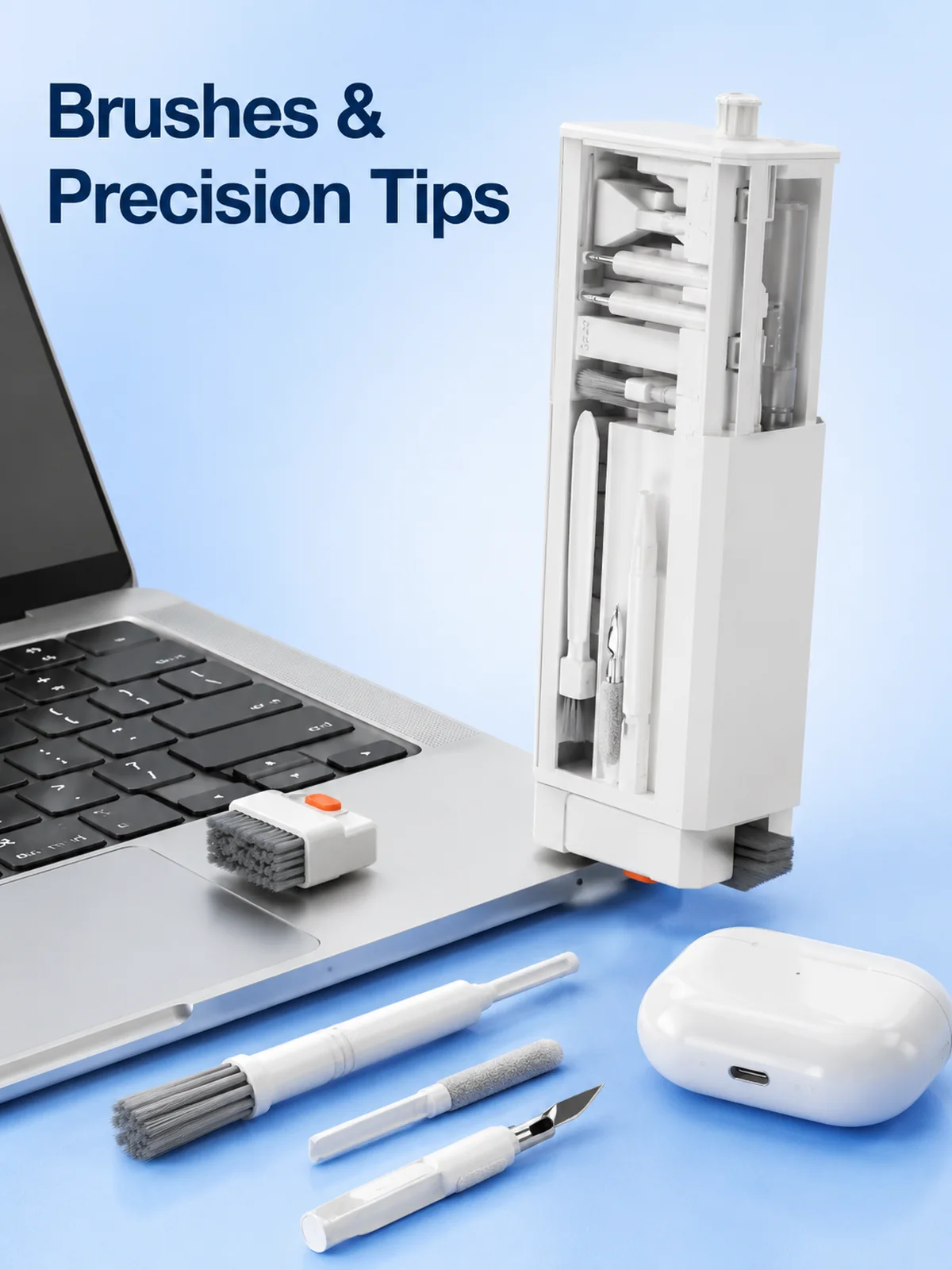 small brush and precision tip tools for keyboards and earbuds