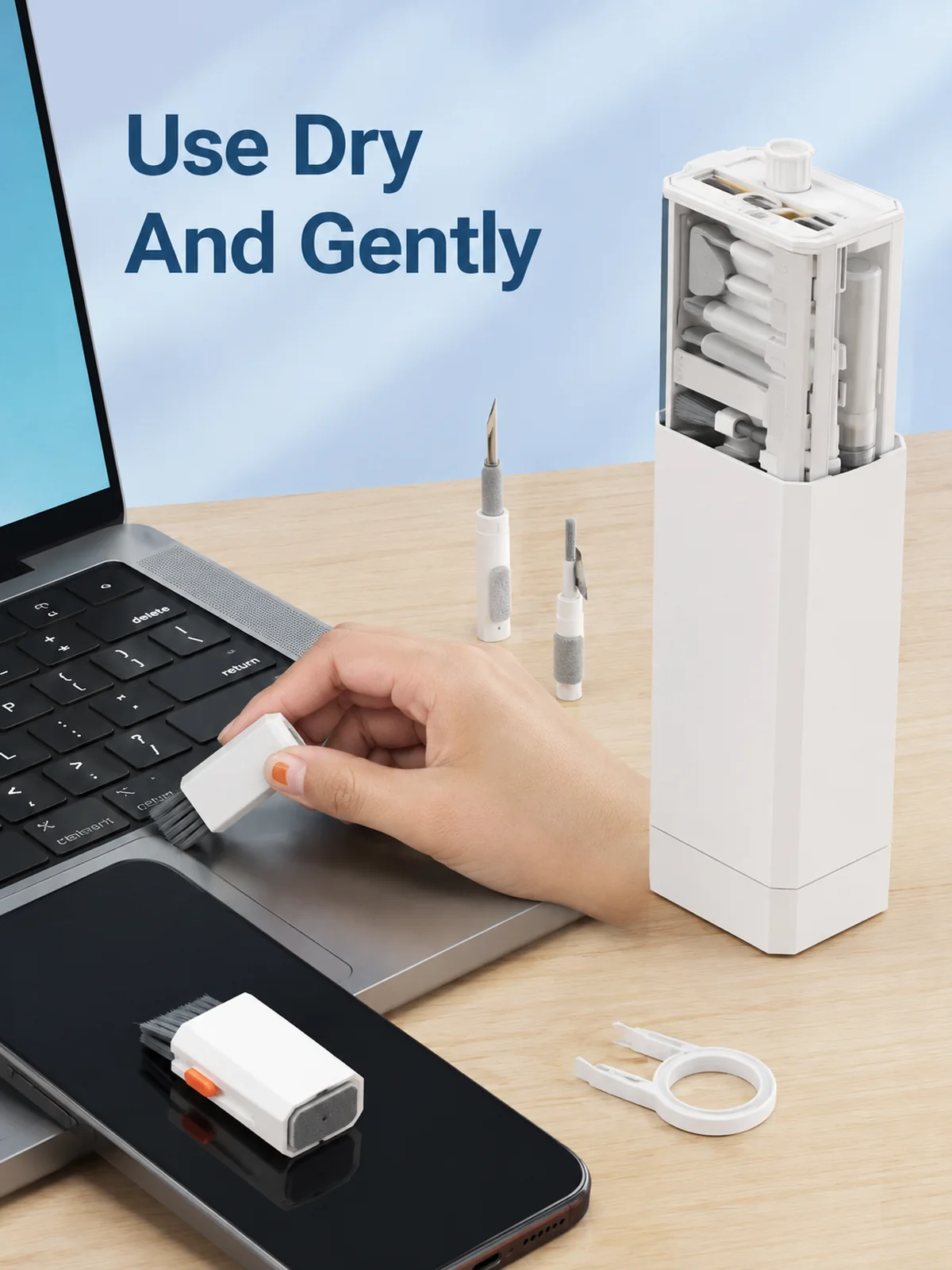 dry and gentle electronics cleaning setup for phone and keyboard