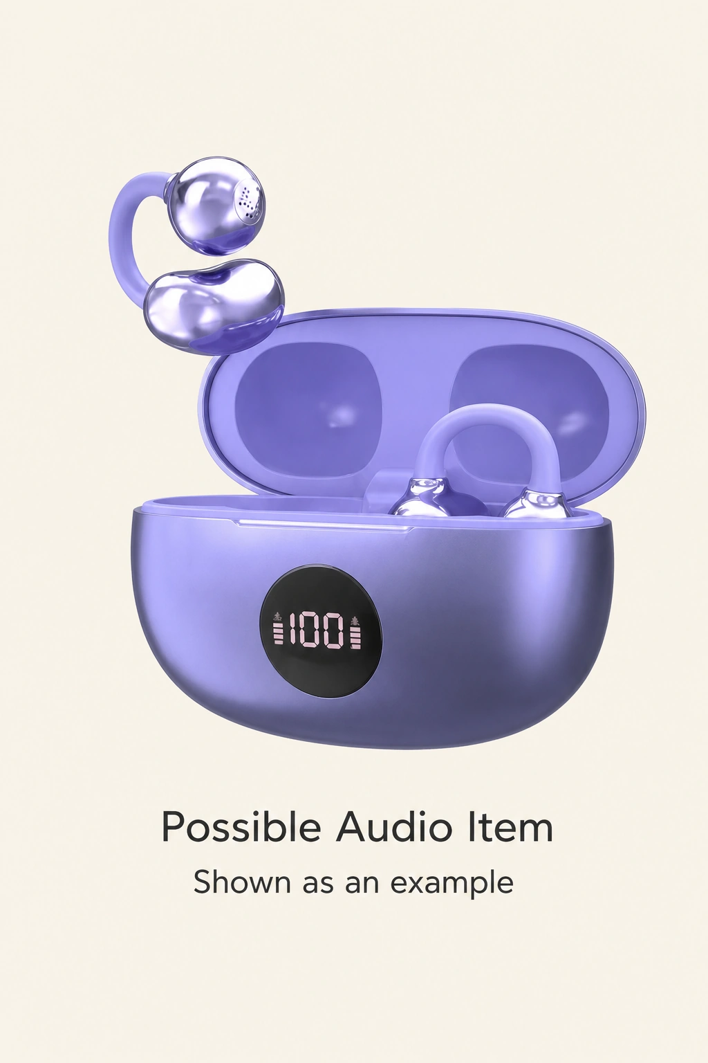 Purple earphones with an open case above the heading Possible Audio Item, shown as an example