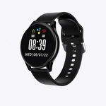 Possible watch example with a round black face, digital display and black buckle strap on a light background