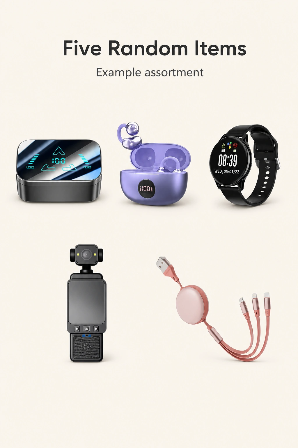Five product groups below the heading Five Random Items, including purple earphones with their case as one group