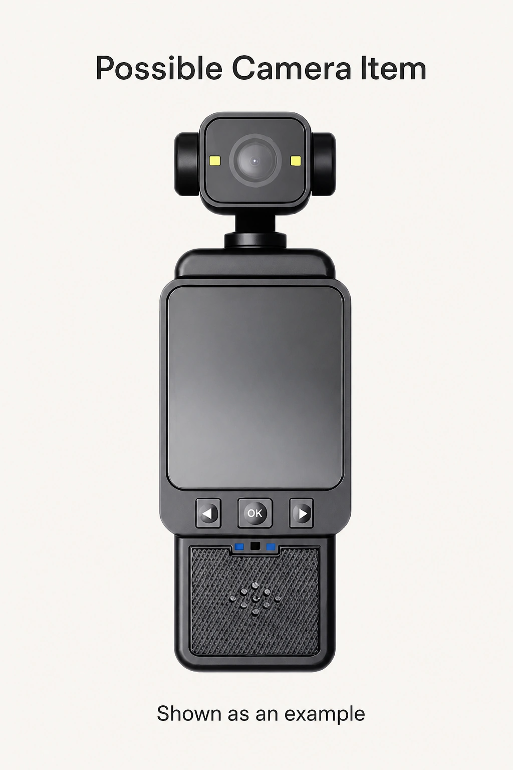 Handheld camera example with a square upper lens housing, front screen and lower grille