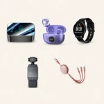 Example gift assortment arranged on a pale background, with three product groups above a handheld camera and pink cable