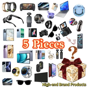 Complete assortment collage with phones, watches, cameras and accessories, a 5 Pieces label and an illustrated gift box