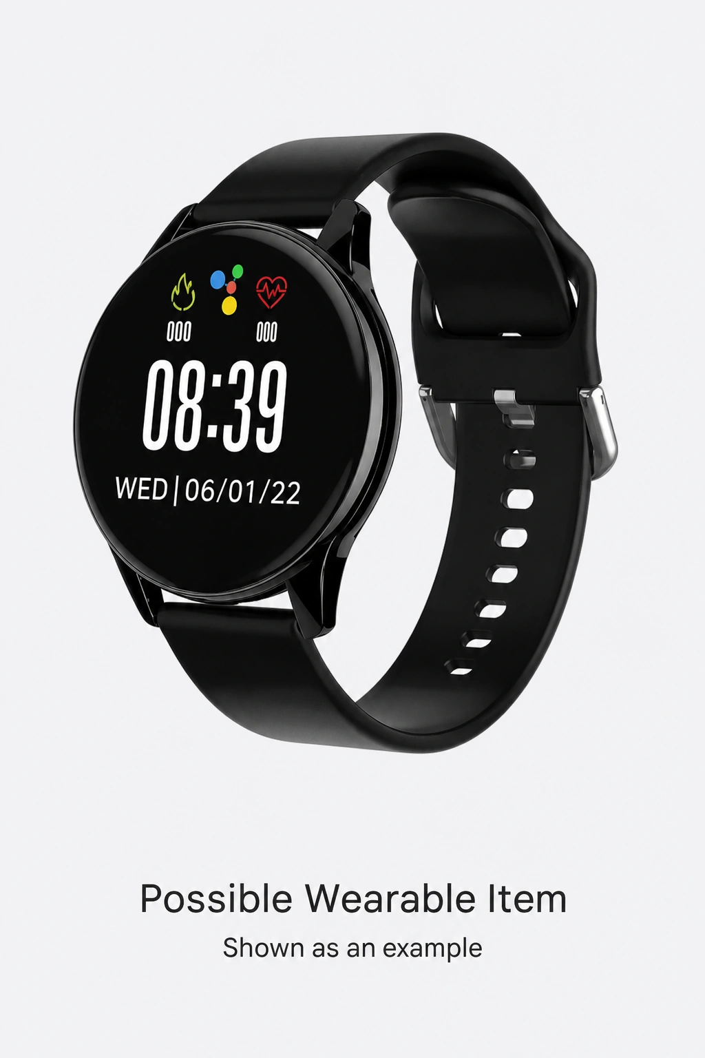 Round black watch with a digital face and buckle strap above the heading Possible Wearable Item