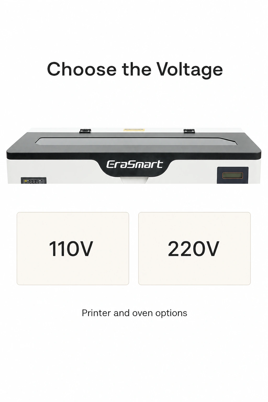 Partial printer lid and upper front fascia beside separate 110V and 220V text options