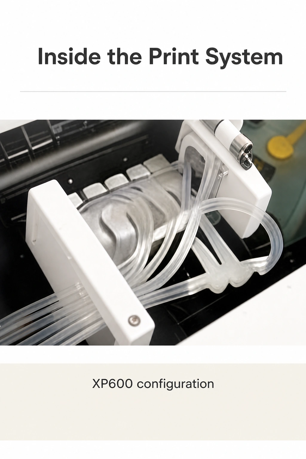 Printer interior assembly with white supports, clear tubing and metal components
