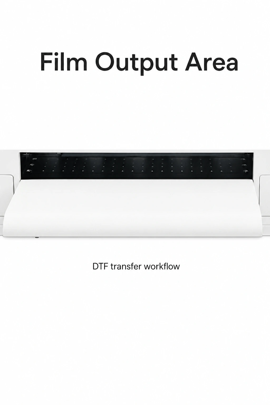 Printer front film output slot and white tray shown in close-up