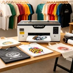 EraSmart printer with printed transfer film on a workbench, with shirts in the workshop