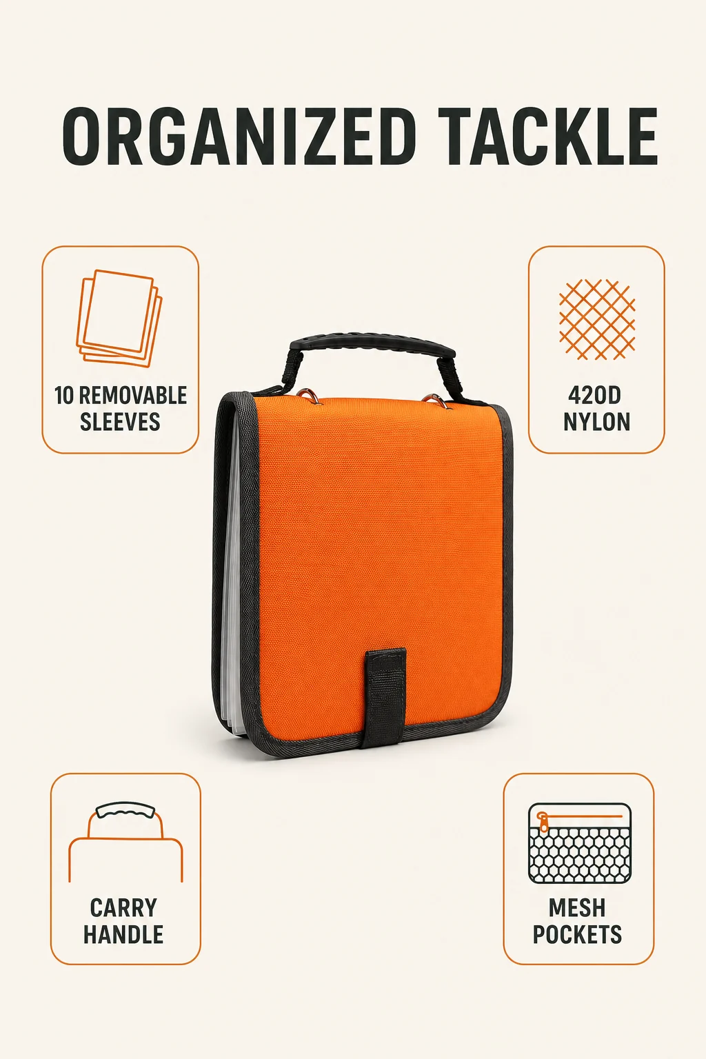 Infografica con buste rimovibili nylon maniglia e tasche in rete per organizer da pesca