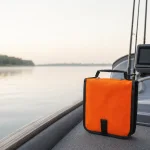 Orange tackle binder standing on a boat deck beside fishing rods and calm water